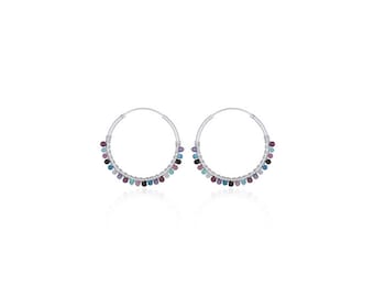 Silver hoop earrings with gemstone beads
