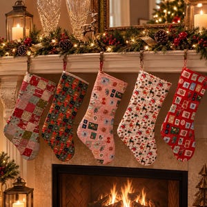 May include: Five quilted Christmas stockings hanging in a row, each featuring distinct patterns including patchwork squares, cat faces, postage stamp motifs, and holiday-themed illustrations in red, green, pink, white, and multi-colored fabric designs.