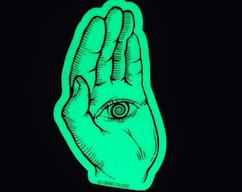 Hypnotic Hand, Glow-in-the-dark Sticker, Handmade Glossy Waterproof Sticker for water bottles, laptops