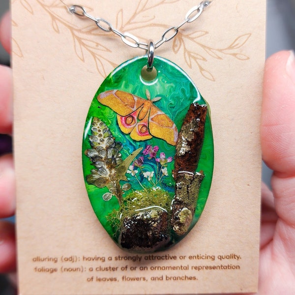 Forest Spirit Pendant Necklace, Real Flower Pendant, Moth and Nature Scene Pendant