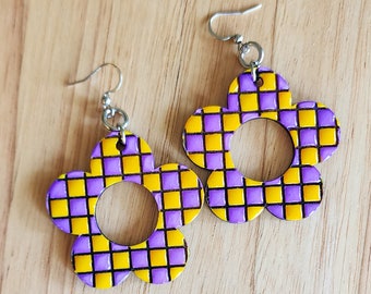 Purple Checkered Daisy Earrings, Hand-painted Wood, Neon and Glow-in-the-dark