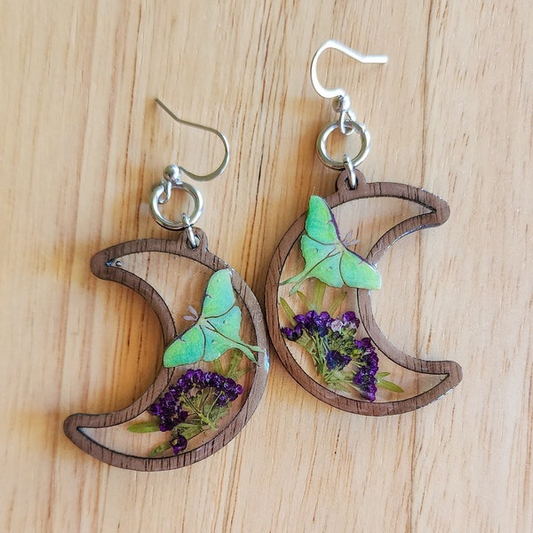 Luna Moth Moon Garden Earrings, Whimsical Dried Flower and Wood Earrings