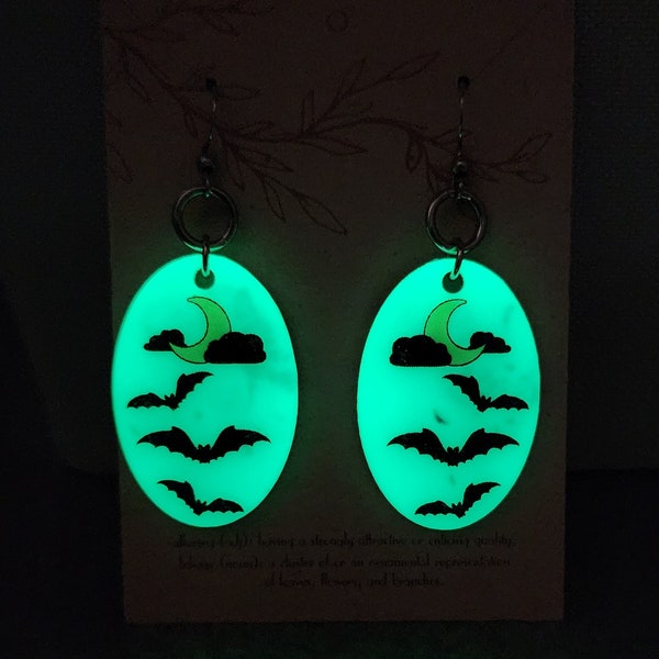 Moonlit Bats Earrings, Glow-in-the-dark Nightscape Earrings, Spooky Gothic Dangle