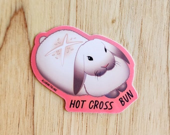 Hot Cross Bun Sticker, Cute Bunny Rabbit, Handmade Glossy Waterproof Sticker for water bottles, laptops, and more