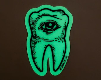 Eye Tooth, Glow-in-the-dark Sticker, Handmade Glossy Waterproof Sticker for water bottles, laptops
