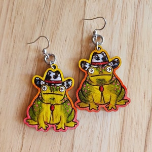 Darn Tootin'! Cowboy Frog Earrings, Hand-painted Wood, Artistic Character Jewelry