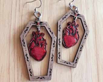 Everlasting Love Earrings, Coffin & Anatomical Heart Earrings, Hand-painted Wood jewelry
