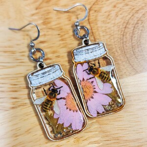 Bee Jar Earrings, Pollinator Terrarium Earrings, Whimsical Insect Earrings