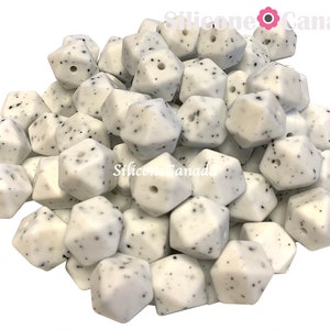 14mm Cookie and Cream White Speckled Hexagon Silicone Beads. Loose, highest quality BPA free silicone craft supplies Wholesale Bulk Discount