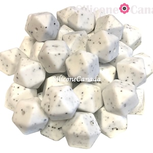 17mm Cookie and Cream Speckled White Hexagon Silicone Beads. Loose, highest quality, BPA free silicone craft supplies Canada USA Europe.