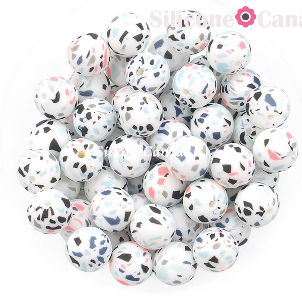 19mm Terrazzo Beads, Pink, Blue, Grey & Black Terrazzo Pattern Round Silicone Beads. Loose, highest quality,BPA free silicone craft supplies