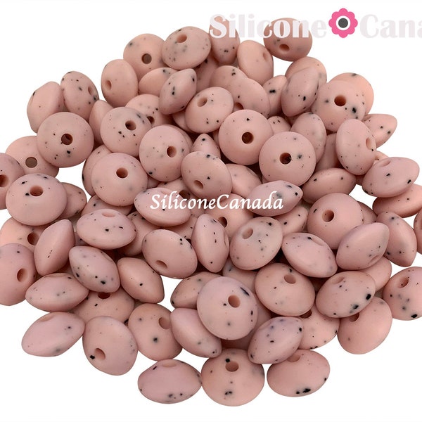 12mm Pink Speckled Saucer Silicone Beads. Loose, highest quality, BPA free silicone craft supplies Canada USA. Wholesale Bulk Discount