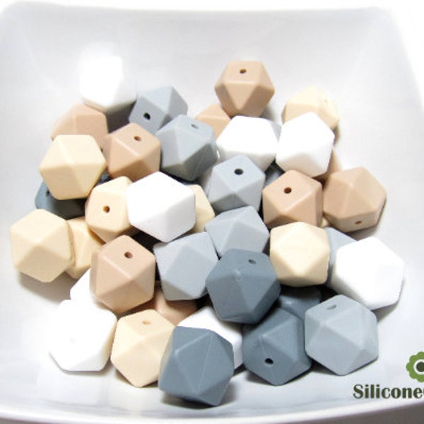 50 perles de silicone hexagonal en vrac - Nuances de blanc, gris et farine d’avoine - Collier de silicone - Perles de silicone lâches