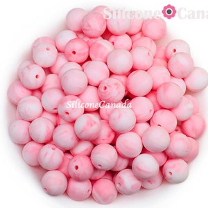 Contas redondas de silicone de mármore rosa de 12 mm. Fornecimentos artesanais de silicone soltos, da mais alta qualidade e sem BPA, Canadá, EUA, Europa. Desconto em massa no atacado.