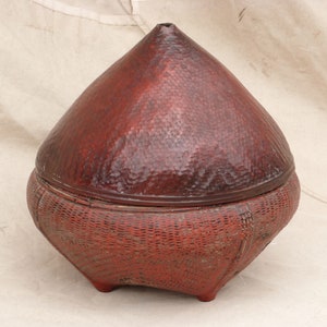 Large Antique Chinese Red Lacquer Rice Basket with Pointed Lid 16&quot;