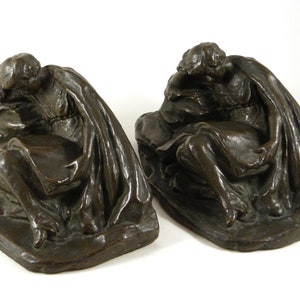 Large Antique Figural Bookends Reclining Girl Reading, Faux Bronze Plaster, signed White ©1916