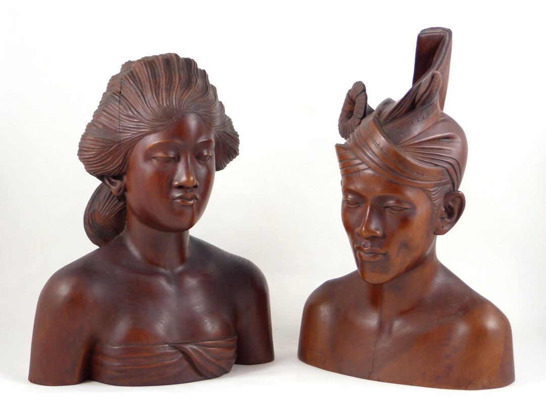 Vintage Klungkung Hand-carved Man & Woman Busts Pair Bali Indonesia ...
