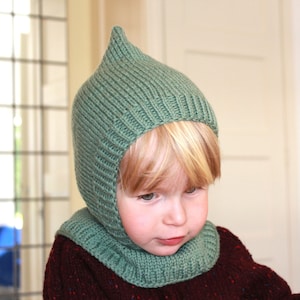 Gorro balaclava de duende elfo para bebês, crianças pequenas e crianças pequenas em verde antigo, lã de alpaca e merino natural, tricotado à mão, várias cores, presente de Natal