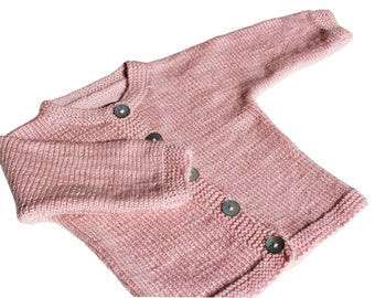 Tejido a mano Merino Lambswool Baby Cardigan en rosa viejo claro, rosa claro y antracita, más colores, regalo de ducha de bebé, orgánico, alpaca