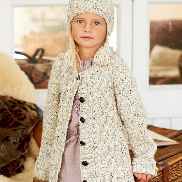 Cardigan Aran en tweed naturel, laine mérinos et mohair, tricoté à la main, bébé, tout-petit et enfants, pull câblé pour filles, cadeau de Noël, tricoté