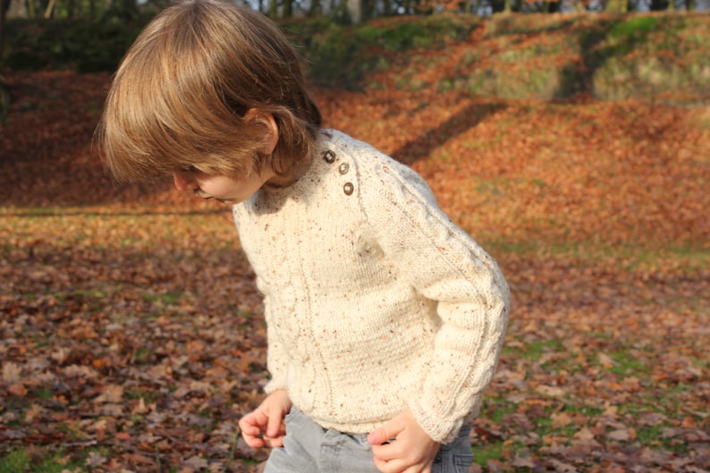 Aran Sweater in Natural Tweed, Merino Wool & Mohair, Hand Knitted, Baby, Toddler, and Kids, Cabled Pullover, Birthday or Christmas Gift image 3