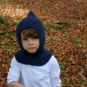 Hand Knitted Pixie Balaclava Hat in Dark Blue Alpaca Merino Wool