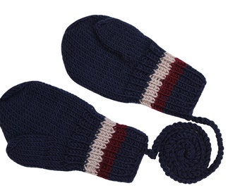 Hand Knitted Pure Merino Wool Baby, Toddler and Kids Mittens in Navy Blue and Red with Stripes, More Color Combinations, Christmas Gift