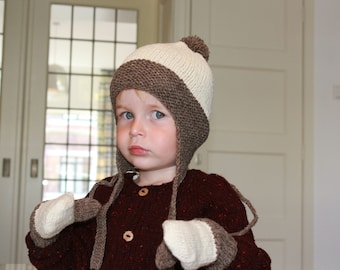 Hand gebreide organische merino wol baby, peuter en kinderen oorklep hoed en wanten ingesteld in natuurlijke en lichtbruine, meer kleuren, alpaca, yak, cadeau