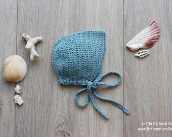 Hand Crocheted Cotton Linen Baby Sun Bonnet, Antique Green