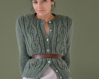 Cabled Cardigan in Green, Alpaca & Natural Merino Wool, Hand Knitted, More Colors, Self-Care Sweater, Pullover, Women's Knitwear, Gift