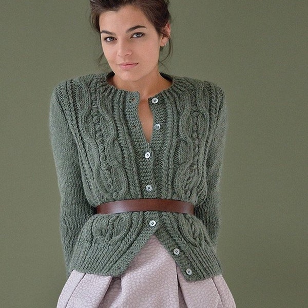 Cardigan torsadé, Vert foncé, alpaga et laine mérinos naturelle, Tricoté à la main, Autres couleurs, Pull soins personnels, Pull-over, Tricots pour femme, Cadeau