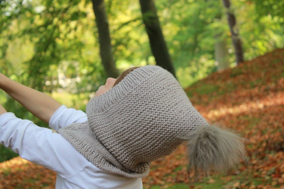 Pixie Balaclava Hat in Sand Beige With Recycled Fur Pompom  display picture 2