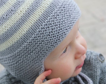 Hand Knitted Pure Merino Wool Striped Baby, Toddler & Kids Winter Earflap Hat in Light Gray and Navy Blue, More Color Combinations, Gift