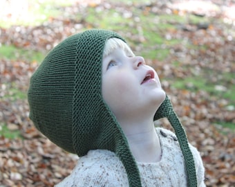 Sombrero de orejera de invierno de lana merino de punto a mano en verde oscuro, bebé, niño pequeño, niños y adultos, más colores, regalo de Navidad