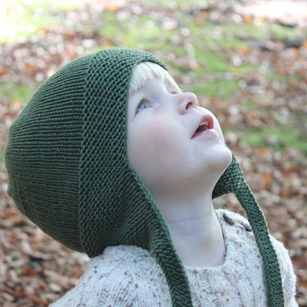Hand knitted merino wool winter earflap hat in dark green, baby, toddler, kids & adult, more colors, Christmas gift