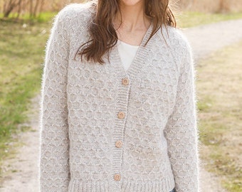 Women's Cardigan in Sand Beige Melange, Alpaca and Natural Merino Wool, Honeycomb, Hand Knitted, Christmas or Valentine's Day Gift, Knitwear