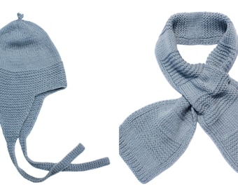 Set: Hand Knitted Merino Lambswool Earflap Hat & Tuck In Scarf for Babies, Toddlers and Kids in Gray and Blue - More Colors