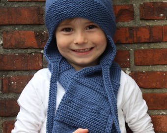 Set: Hand Knitted Merino Lambswool Earflap Hat & Tuck In Scarf for Toddlers and Kids in Blue - More Colors