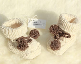 Organic Merino Wool Stay-On Baby, Toddler & Kids Booties in Natural and Light Brown, Hand Knitted, More Colors, Pregnancy Announcement