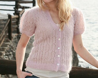 Alpaca Lace Cardigan with Puff Sleeves in Pink, Hand Knitted, More Colors, Christmas or Valentine's Day Gift, Women's Knitwear, Knitted