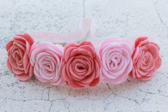 Hot pink felt rose headband Puffy Terry Cloth Padded Spa Headband with Scrunchies-Hot  main image 3