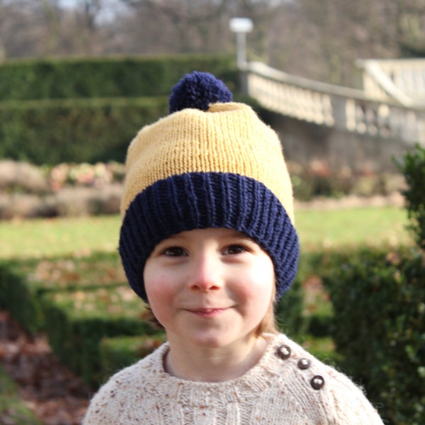 Merino Lambswool Baby, Toddler & Kids Winter Hat with Pompom in Navy Blue and Yellow, Hand Knitted, More Colors, Christmas Gift, Adult