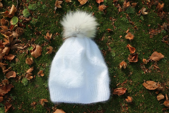 Angora Hat, Hand Knitted Organic Angora Winter Hat in White With