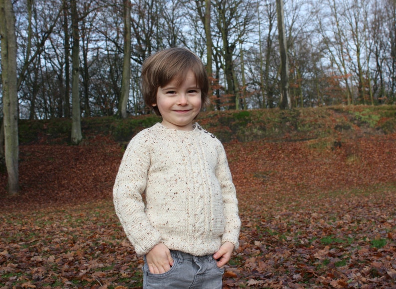 Aran Sweater in Natural Tweed, Merino Wool & Mohair, Hand Knitted, Baby, Toddler, and Kids, Cabled Pullover, Birthday or Christmas Gift image 2