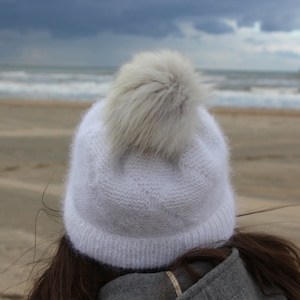 Angora Hat, Hand Knitted Organic Angora Winter Hat in White with Real Fox Fur Pompom for Girls & Women