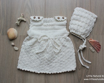 SAMPLE SALE 35% OFF Hand Crocheted Organic Cotton Baby Set: Dress & Pixie Hat in Ivory in Sizes 3-6 and 6-9 Months, Christening, Baptism