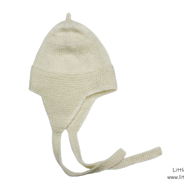 Organic Merino Lambswool Baby, Toddler & Kids Winter Earflap Hat in Natural, Hand Knitted, More Colors, Alpaca, Take Home Hat, Cap, Bonnet