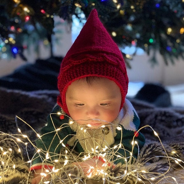 Chapeau lutin elfe pour bébés, tout-petits et enfants en rouge, alpaga et laine mérinos biologique, tricoté à la main, plus de couleurs, casquette Gnome, câble, cadeau de Noël