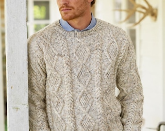 Hand Knit Aran Sweater, Natural Tweed Merino Wool Pullover