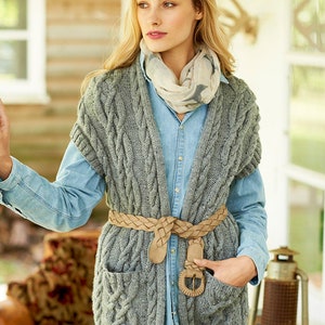 Organic Merino Long Aran Vest in Grey Melange, Yak Down, Hand Knitted, More Colors, Sleeveless Cardigan, Natural Tweed, Light Brown Tweed